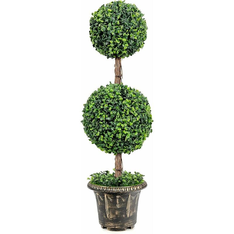 COSTWAY Arbre Artificiel Topiaire 90 cm avec Double Boule, Fausse Plante en Pot Rempli de Ciment Protection UV et Eau, Décoration Interieur et