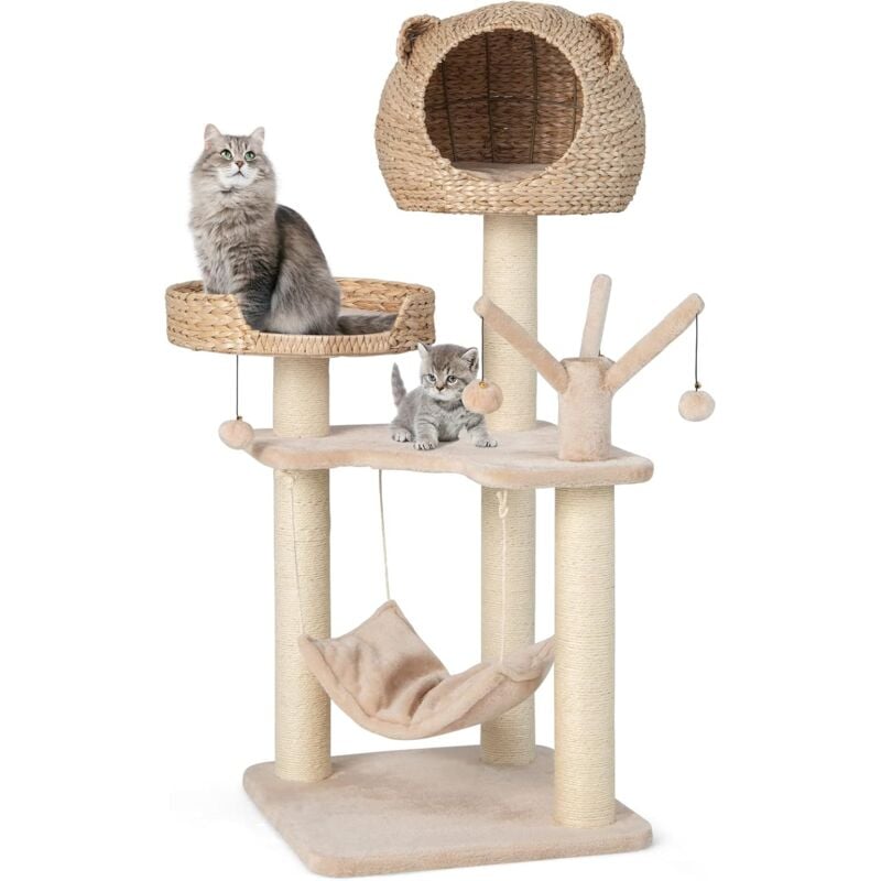 Arbre à Chat 121 cm à 5 Niveaux avec Boules et Hamac Suspendues Centre d'Activités pour Chats avec Niche et Poteaux en Sisal - Costway