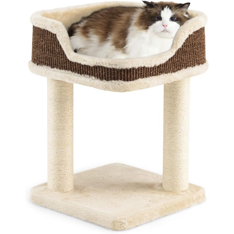 Arbre à Chat 50 cm avec 2 Griffoirs Sisal Naturel, Perchoir en Peluche, Tour d'Arbre à Chat Compacte pour Chaton et Chat, Beige - Costway