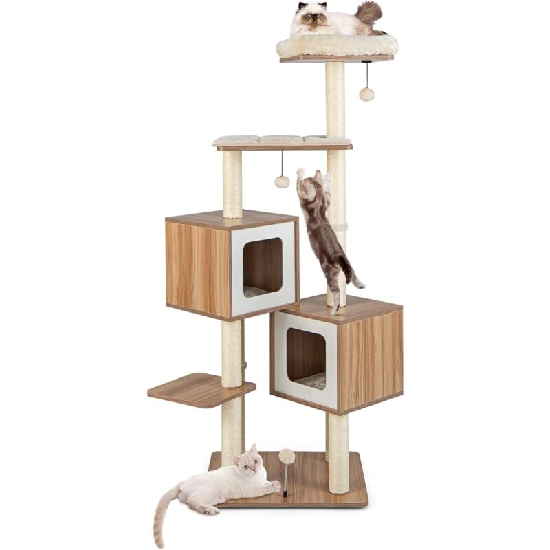 Arbre à Chat en Bois 163 cm avec 3 Plateformes, 2 Niches, 3 Balles, Griffoirs en Sisal, Perchoir, Coussins Lavables, Naturel - Costway
