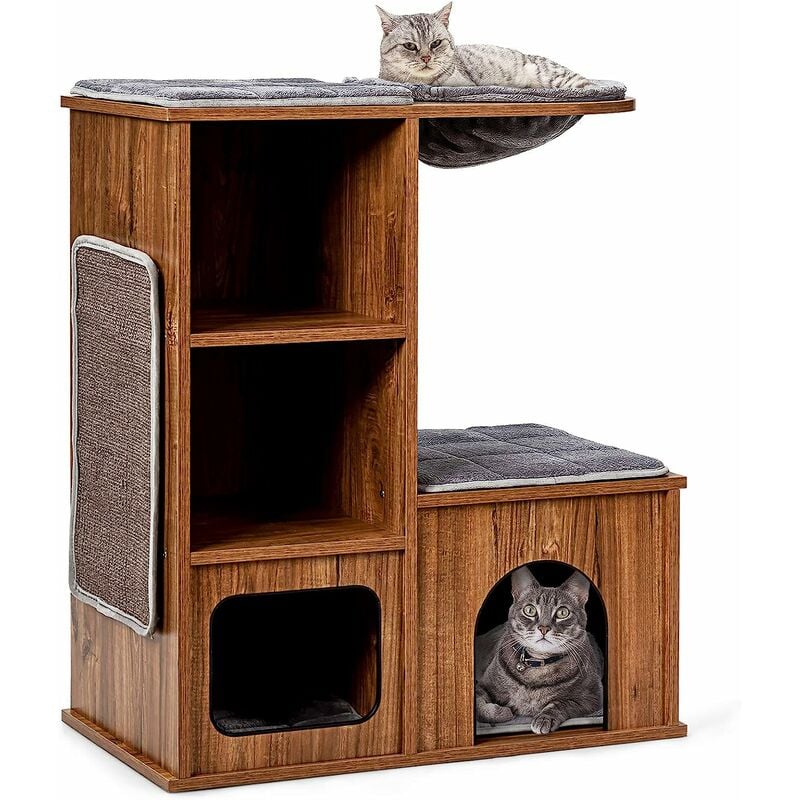 Arbre à Chat en Bois avec 3 Etagères, Griffoirs et Coussins,Niche, Centre d'Activités Charge 20KG pour Chat Chaton - Costway