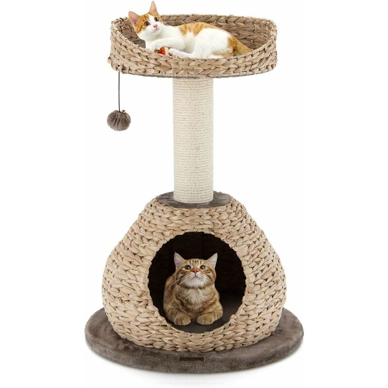 Arbre à Chat, h 70,5 cm, avec Griffoir, Niche et Pompon Suspendu, Centre d'Activités pour Chat et Chaton, Naturel et Café - Costway