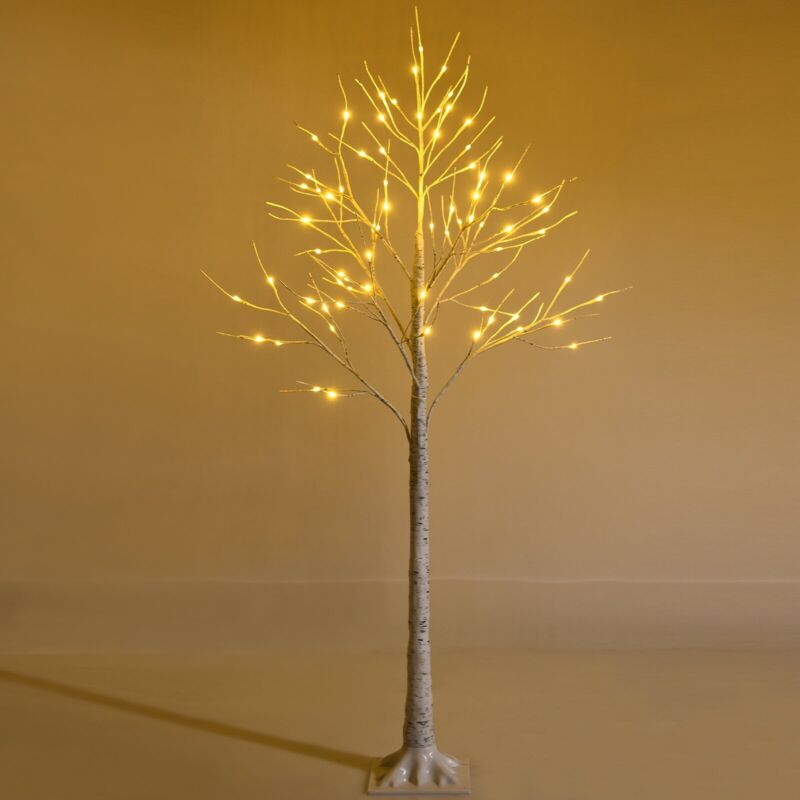 Arbre de Bouleau Artificiel 150cm avec 72 Lumières led Blanc Chaud, Arbre de Noël Décoratif avec Base en Fer, Décoration de Noël pour Maison, Bureau