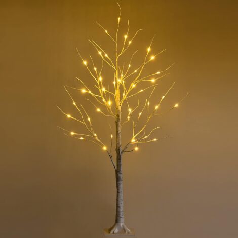 COSTWAY Arbre de Noël Bouleau Blanc Chaud Artificiel avec LED Lumineux Base Plastique Décoration Intérieur pour Noël, 120cm