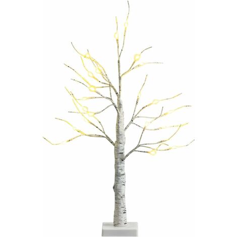 COSTWAY Arbre de Noël de Table Bouleau Blanc Chaud 60cm avec 24 LED Lumineux Base Plastique Décoration Intérieur pour Noël