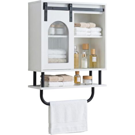 COSTWAY Armadietto Bagno da Parete, Mobiletto Pensile Salvaspazio in Legno con Ripiano Aperto, Anta Scorrevole e Portasciugamani, Pensile Bagno per Cucina e Soggiorno, 50 x 20 x 70 cm