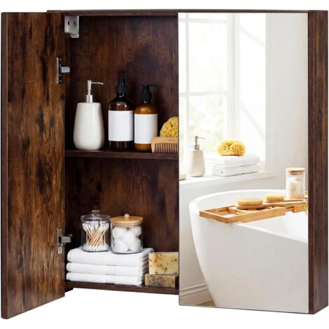 COSTWAY Armadietto da Bagno con Specchio a 2 Ante,in Legno,Mobile Bagno Sospeso,62x11x65 cm,Marrone