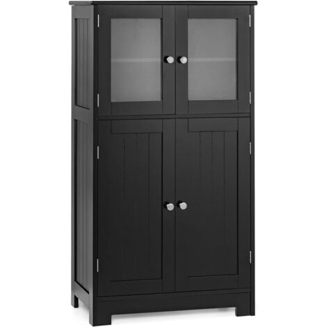 COSTWAY Armadietto del Bagno con 4 Ante, Ante di Vetro,Legno con Mensole Regolabili, Nero