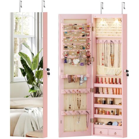 COSTWAY Armadietto per Gioielli con Illuminazione a LED Portagioie da Parete con Specchio, Chiudibile a Chiave, 35,5 x 10 x 120 cm (Rosa)