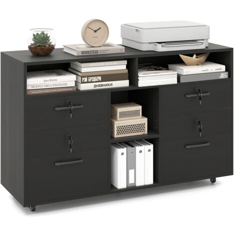 COSTWAY Armadietto Portadocumenti, Mobile da Ufficio Laterale con 4 Cassetti Adatto per File Formato A4/Lettera e 5 Ruote Universali Bloccabili, Credenza in Metallo per Scrivania (Nero)