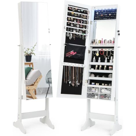 COSTWAY Armadietto Portagioie con Serratura e Specchio Senza Cornice Cassetti Acrilici, Specchio Interno per Trucco Vassoio per Rossetti, Specchio Illuminato a LED (Bianca)