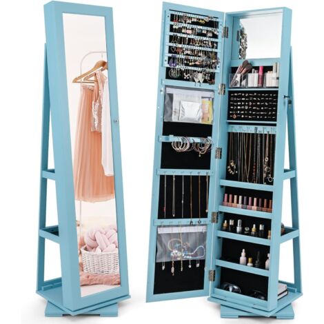 COSTWAY Armadietto Portagioielli Autoportante Girevole con Specchio, Specchio a Figura Intera Organizzatore per Gioielli, Porta Richiudibile a Chiavi (39 x 39 x 161 cm,Blu)