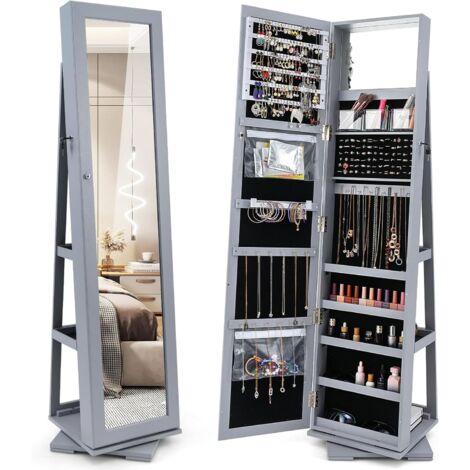 COSTWAY Armadietto Portagioielli Autoportante Girevole con Specchio, Specchio a Figura Intera Organizzatore per Gioielli, Porta Richiudibile a Chiavi (39 x 39 x 161 cm,Grigio)