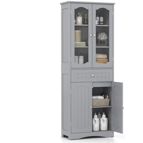 COSTWAY Armadietto Salvaspazio 60 x 30 x 160cm, Mobile Bagno con 2 Ripiani Regolabili, Cassetto e 2 Porte in Vetro Temprato, Armadio da Bagno per Ufficio, Soggiorno e Camera da Letto, Bianco (Grigio)