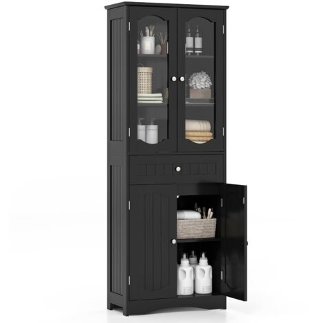 COSTWAY Armadietto Salvaspazio 60 x 30 x 160cm, Mobile Bagno con 2 Ripiani Regolabili, Cassetto e 2 Porte in Vetro Temprato, Armadio da Bagno per Ufficio, Soggiorno e Camera da Letto, Bianco (Nero)
