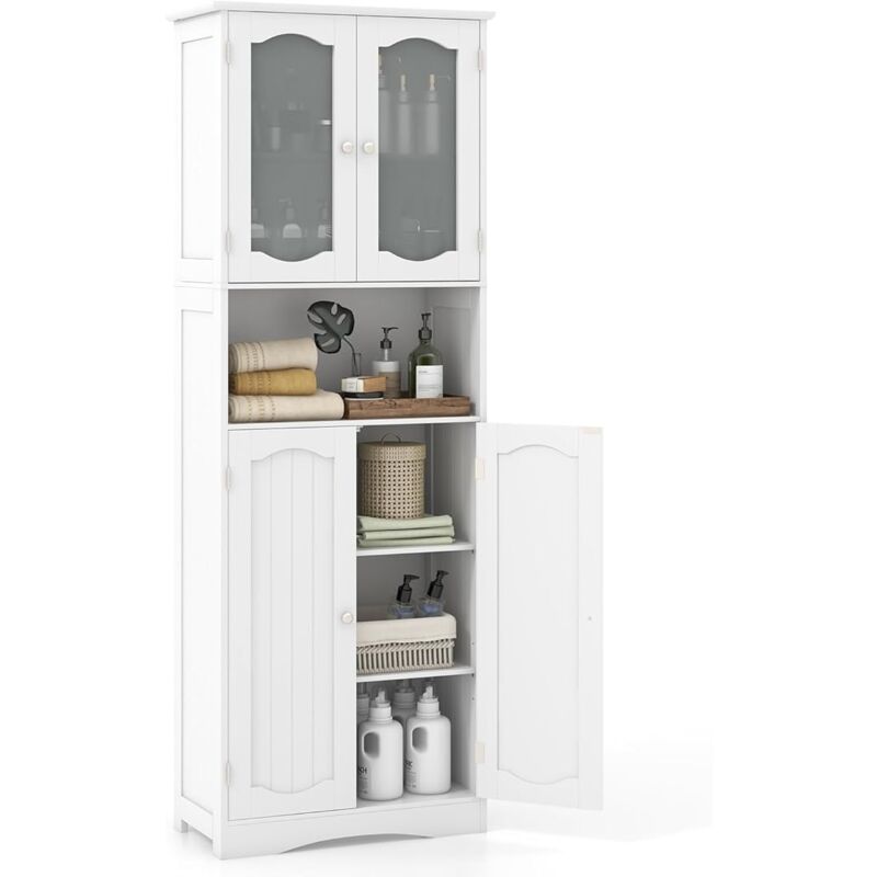 Image of Armadietto Salvaspazio 60 x 30 x 164cm, Mobile Bagno con Scomparti Aperti, Ripiani Regolabili e 2 Porte in Vetro Temprato, Armadio da Bagno per