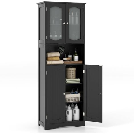 COSTWAY Armadietto Salvaspazio 60 x 30 x 164cm, Mobile Bagno con Scomparti Aperti, Ripiani Regolabili e 2 Porte in Vetro Temprato, Armadio da Bagno per Ufficio, Soggiorno e Camera da Letto (Nero)
