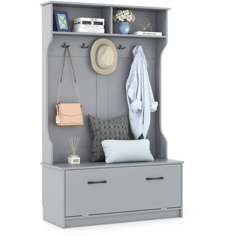 COSTWAY Armadio con Appendiabiti Multifunzionale, con Panca 5 Ganci Doppi, Organizzatore di Casa Indipendente per Ingresso Camera da Letto, 100x39x160 cm (Grigio)