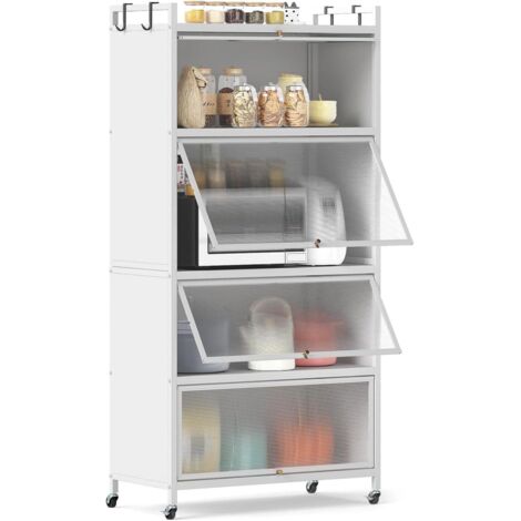 COSTWAY Armadio da Cucina a 5 Ripiani, Mobile Dispensa Cucina con Ruote Girevoli, 4 Porte PC a Ribalta e 4 Ganci, Mensola Microonde in Metallo per Soggiorno, Cucina, Sala da Pranzo (Bianco)