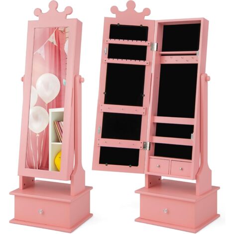 COSTWAY Armadio Gioielli per Bambini con Specchio, Armadietto Portagioie da Terra per Bambini con 3 Cassetti, per Bambini 3+ Anni, Ideale per Camera da Letto