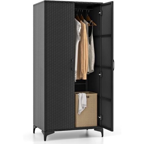 COSTWAY Armadio in Vimini con 2 Ante, Armadio Guardaroba in Rattan PE con Asta Appendiabiti e 4 Cubi di Stoccaggio, per Soggiorno, Camera da Letto e Patio, 72 x 50 x 157 cm (Nero)