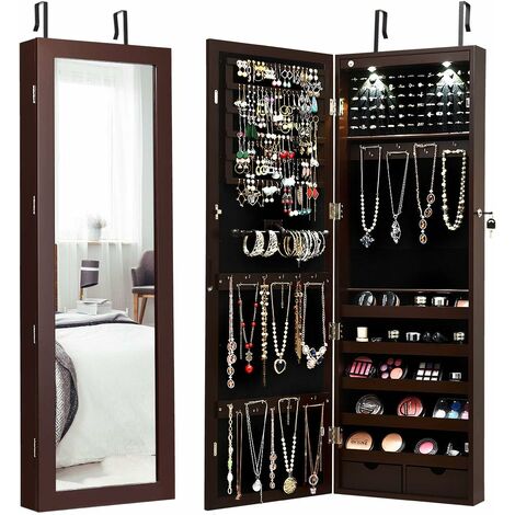 COSTWAY Armadio per Gioielli con 2 luci LED, con Specchio a Figura, Organizer Montato al Muro con Ganci Regolabili per Appendere, Armadio Portagioie per Truccarsi (Marrone)