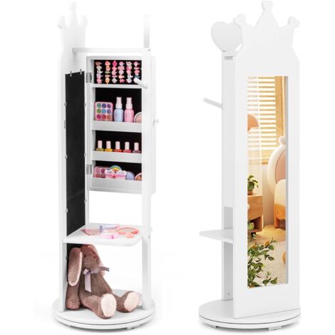COSTWAY Armadio Portagioie per Bambini 36 x 36 x 112cm, Specchio da Terra a Forma di Corona con Ganci, Ripiani e Base Girevole, Toeletta per Cameretta (Bianco)