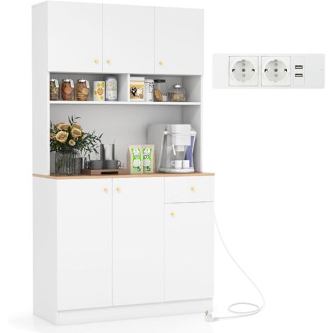 COSTWAY Armario Alacena de Cocina Mueble, Aparador Cocina con Tomas de Corriente, Puertos USB, Kits Antivuelco y Estantes Ajustables de 3 Posiciones, Mueble Auxiliar de Cocina, 100x40x181 cm