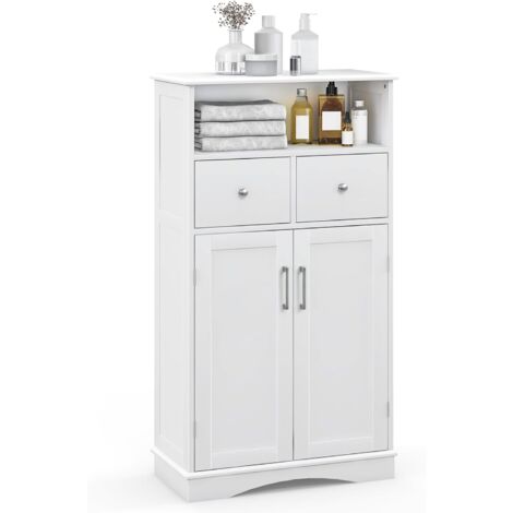 COSTWAY Armario de Baño de Suelo, Gabinete de Madera con 2 Puertas, 2 Cajones y 2 Estantes Ajustables, Organizador de Almacenamiento para Sala de Estar, Cocina, Oficina, Blanco