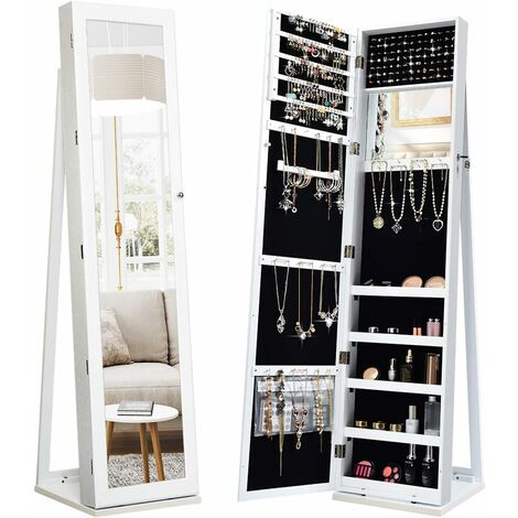COSTWAY Armario de Joyería con Cerradura Espejo Joyero 91 Ranuras para Anillos 30 Ganchos para Cadena 30 Espacios para Pendientes Color Blanco