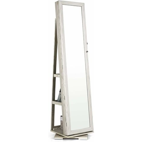 COSTWAY Armario de Joyero con Espejo y Estante de Escalera Gabinete de Joyería Giratorio con Cerradura para Anillos Ganchos de Cadena Pendientes Organizador
