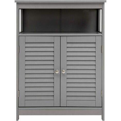 COSTWAY Armario del Baño con Doble Puerta de Persiana y Repisa Regulable Armario de Madera(Gris)