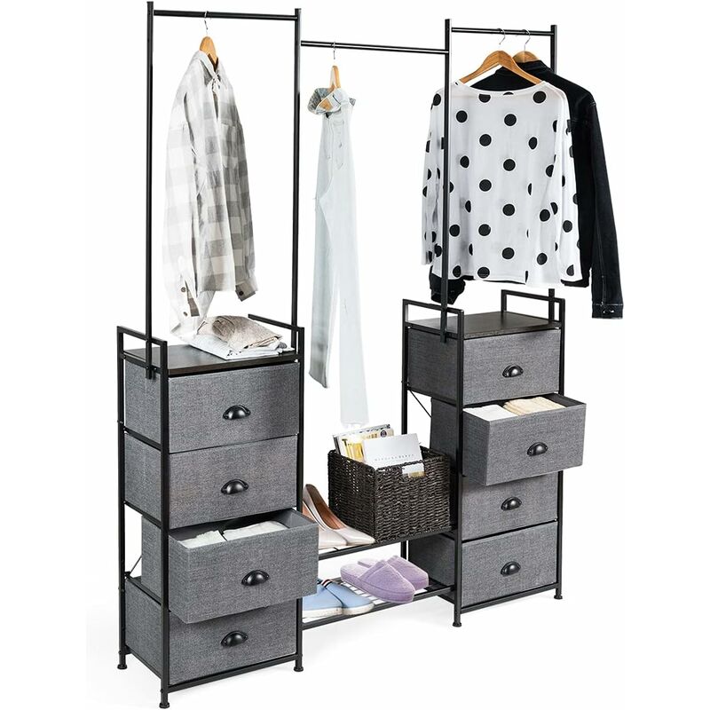 

Armario Multifuncional Perchero con 8 Cajones y Estructura de Metal, Cajonera en Tejido con Percha y Zapatero, Organizador 146x29,5x190 cm - Costway