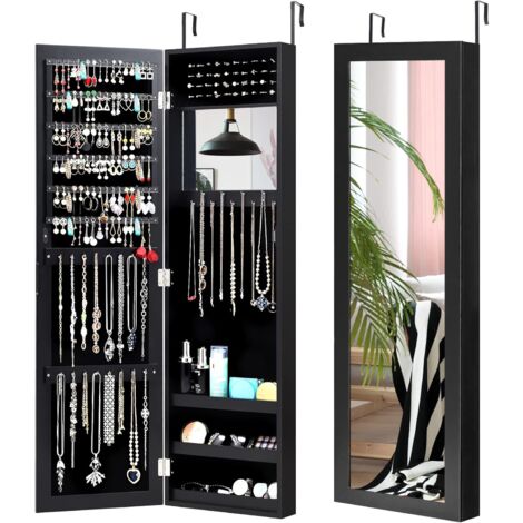 COSTWAY Armario para Joyas con Espejo de Puerta, Organizador de Joyas con Espejo de Cuerpo Entero, Espejo de Maquillaje Incorporado, Ganchos y 3 Estantes de Almacenamiento (Negro)