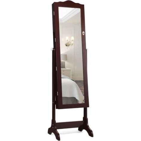 COSTWAY Armario para Joyas Espejo Joyero con 14 Luces LED Espejo de Cuerpo Entero con Cerradura Gabinete de Joyería de Pie Organizador para Anillos Cadena y Pendientes Marrón
