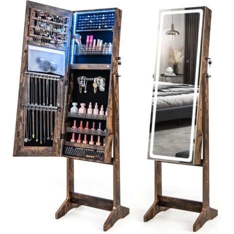 COSTWAY Armario para Joyas, Joyero de Pie con Espejo Iluminado de 3 Colores, Puerta con Cerradura y Llaves, Caja de Lápiz Labial y 2 Cajones, Organizador de Joyas con 3 Ángulos Ajustables (Nogal)