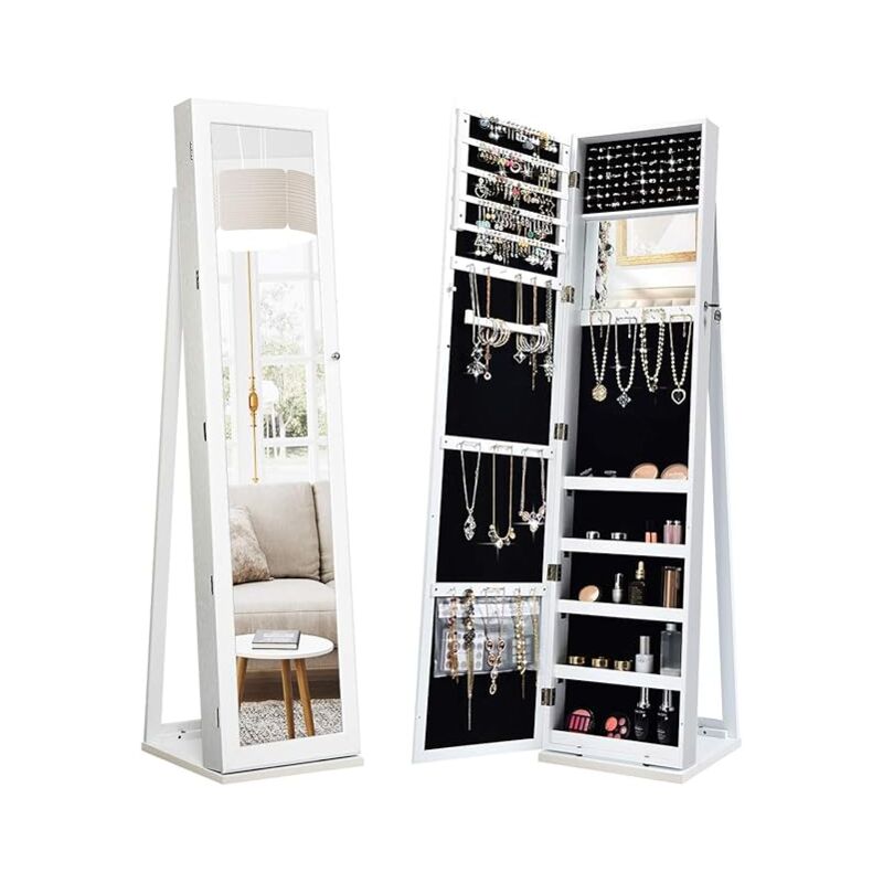 Costway - Armoire à Bijou sur Pieds, Miroir Pleine Longueur et Miroir de Maquillage Intégré, avec 91 Fentes pour Bagues 30 Crochets Collier, 100