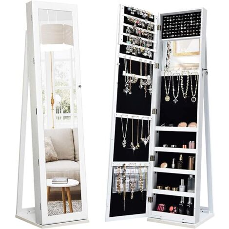 COSTWAY Armoire à Bijou sur Pieds, Miroir Pleine Longueur et Miroir de Maquillage Intégré, avec 91 Fentes pour Bagues 30 Crochets Collier, 100 Emplacements Boucle d’Oreilles, 37 x 38 x 157 cm
