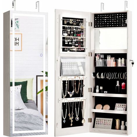 Costway – Armoire à bijoux 40 x 12 x 120 cm – MDF avec miroir et éclairage LED – Verrouillable avec rangement pour 48 boucles d'oreilles et cosmétiques