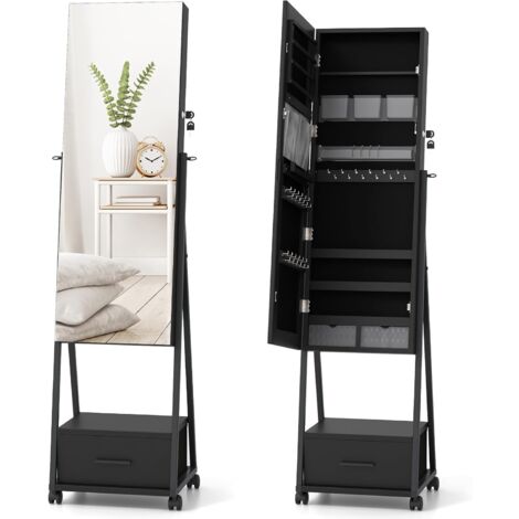 COSTWAY Armoire à Bijoux à Roulettes avec Miroir de Pleine Longueur, Miroir sur Pied avec 9 Compartiments, Porte Verrouillable, Grand Tiroir, Étagère, 42 x 38 x 157 cm (Noir)