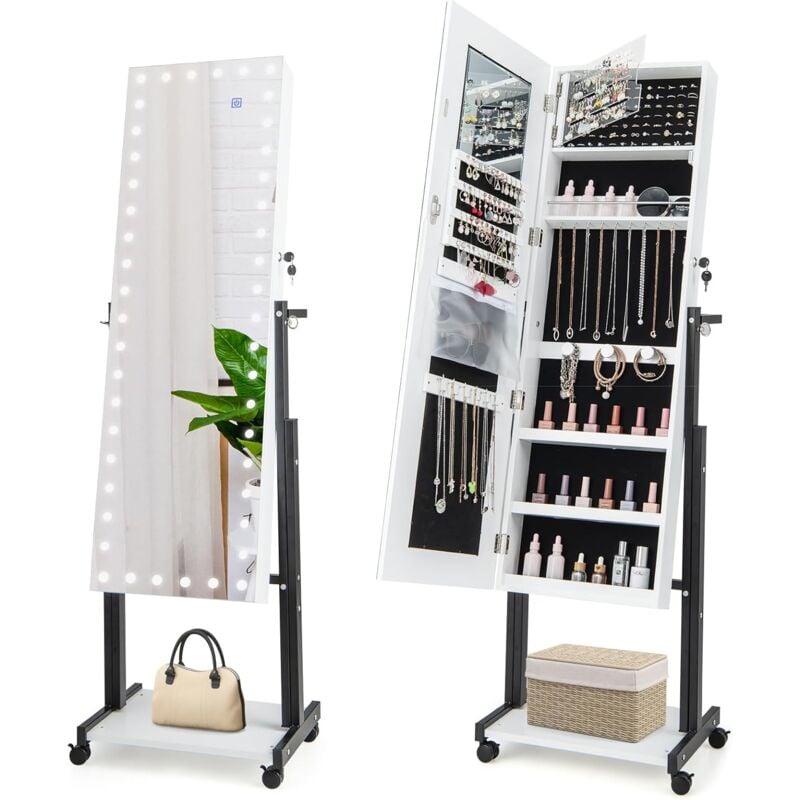 Costway - Armoire à Bijoux à Roulettes Hauteur Réglables, Miroir Pleine Longueur avec Lumières led, Interrupteur Tactile, Verrouillable, Roues