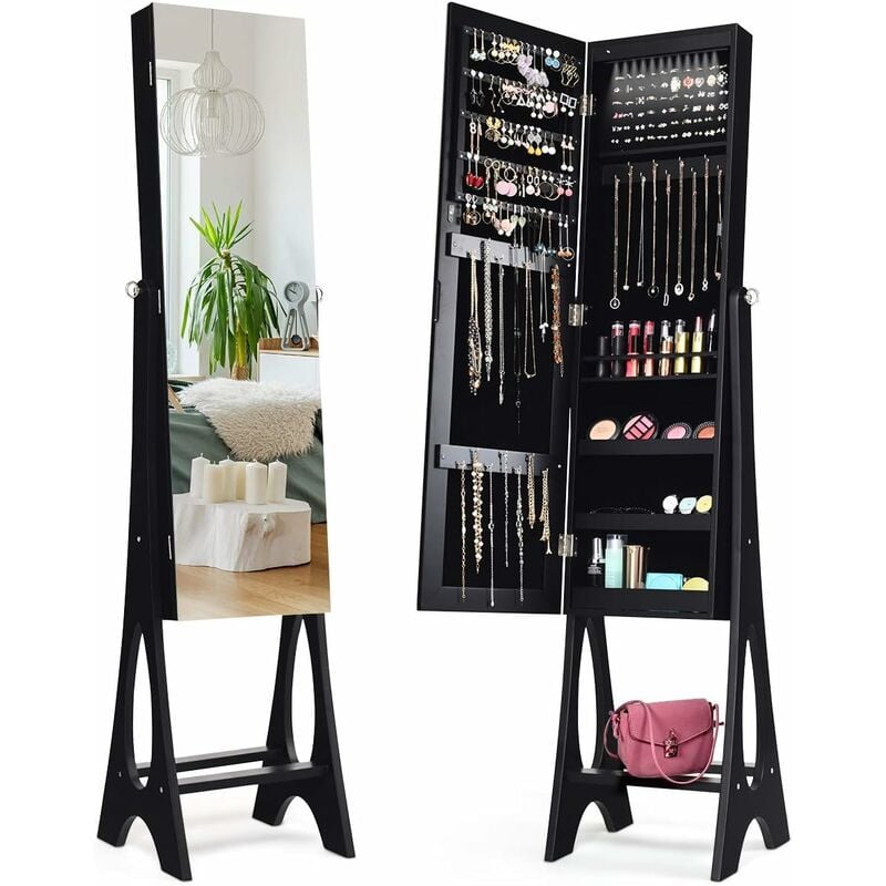 Armoire à Bijoux avec 12 led Sur Pied Doublure Intérieure en Velours Angle Réglable 36 × 33,4 x 154 cm Noir - Costway