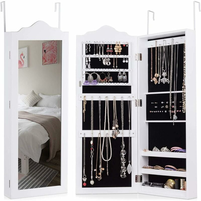 costway - armoire à bijoux avec miroir en mdf,meuble à bijoux blanc - trois etagères pour stoker- adapté au salon, à la chambre 96x35x9,7cm