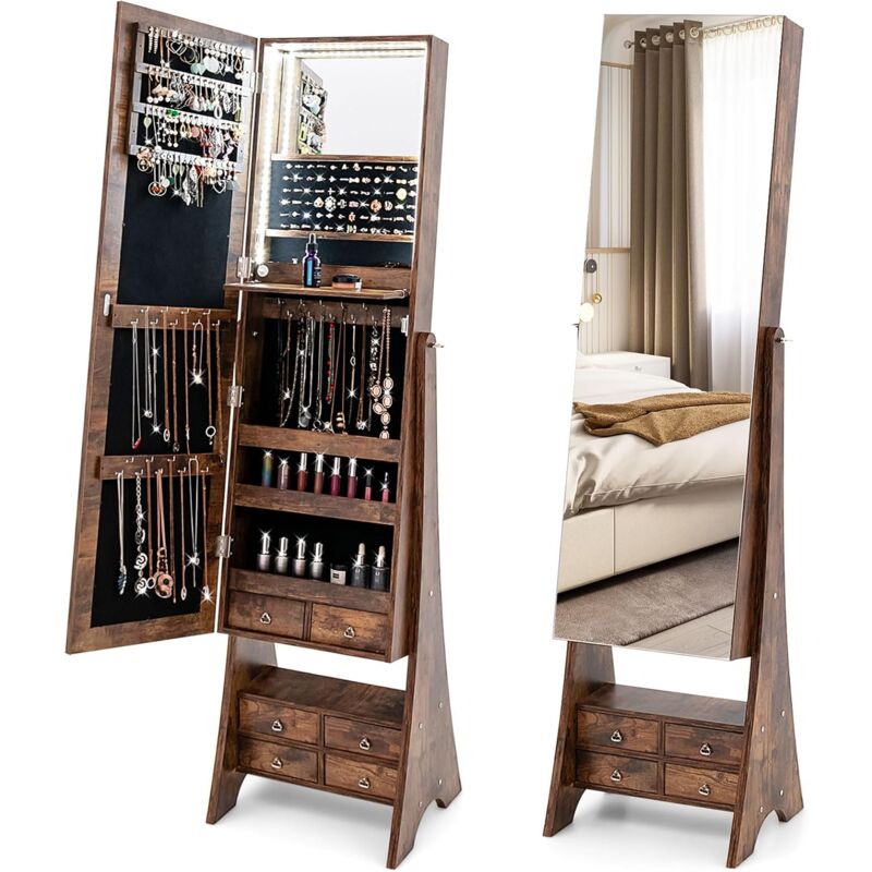 Armoire à Bijoux avec Miroir Pleine Longueur, Organisateur de Bijoux avec Miroir & Lumières led Intégrées, Étagère de Maquillage Pliable, Angles