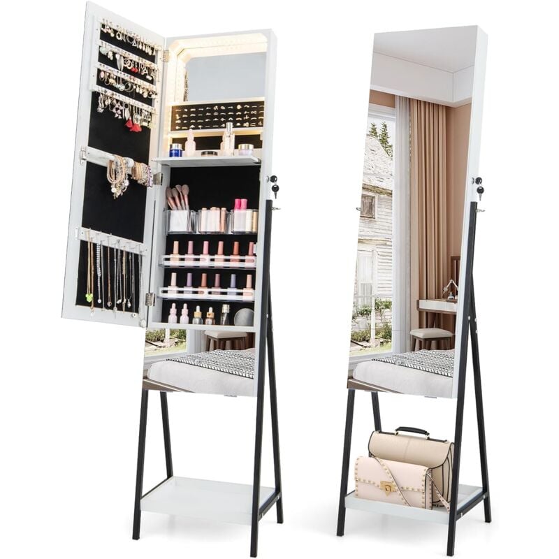 Armoire à Bijoux avec Miroir sur Pieds, Miroir Psyché hd sans Cadre, Verrouillable, Lumières led 3 Couleurs, Étagère de Rangement (Blanc) - Costway