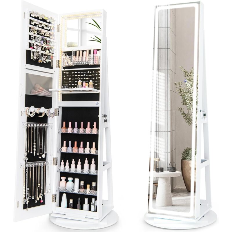 COSTWAY Armoire à Bijoux avec Miroir sur Pieds, Pivotant 360°, Grand Miroir Psyché Sans Cadre avec LED, Verrouillable, Placard Beauté, 3 Étagères,