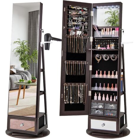 COSTWAY Armoire à Bijoux avec Miroir sur Pieds, Pivotant 360°, Miroir Psyché sans Cadre, Lumières LED, Verrouillable, Support pour Sèche-Cheveux, 3 Étagères à l’Arrière, Grand Tiroir (Café)