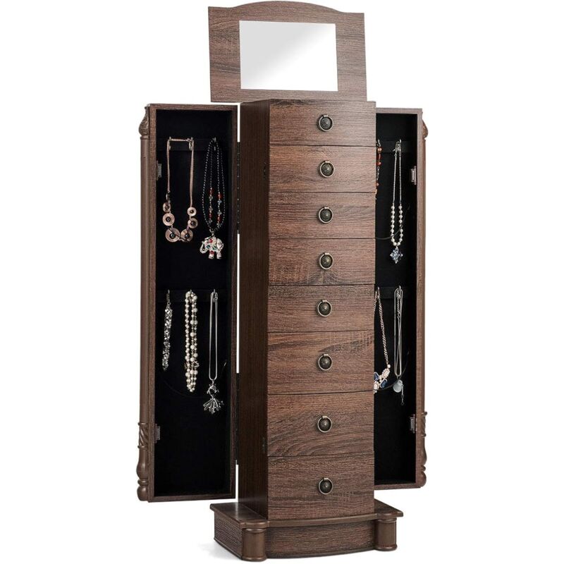 COSTWAY Armoire à Bijoux avec Miroir,Meuble à Bijoux au Sol en MDF - Sept Tiroirs pour Stoker-Deux Portes Latérales 37 x 23 x 98 CM