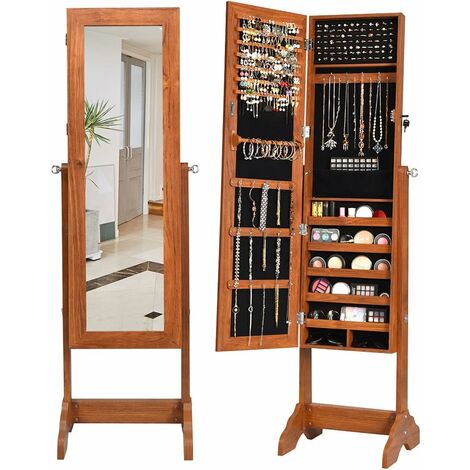COSTWAY Armoire à Bijoux Inclinable avec Clé Verrouillable et Doublure en Velours de Style Moderne Brun 40 x 38 x 155 CM Marron