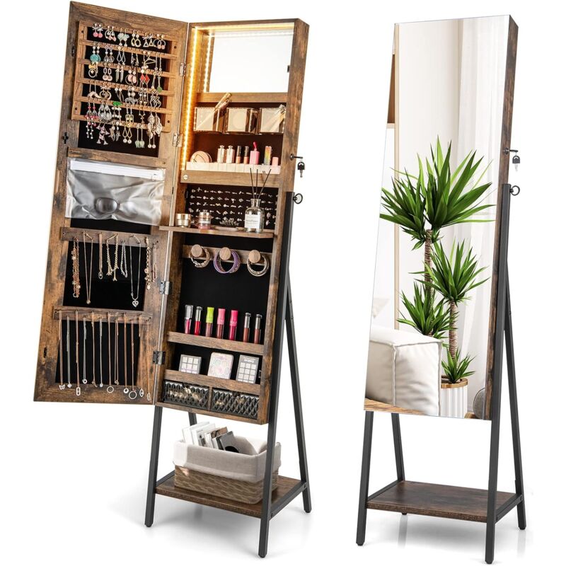 Armoire à Bijoux led, Armoire de Rangement sur Pieds Verrouillable, Miroir Pleine Longueur hd, Lumières 3 Couleurs, Miroir Intérieur, pour Boucle
